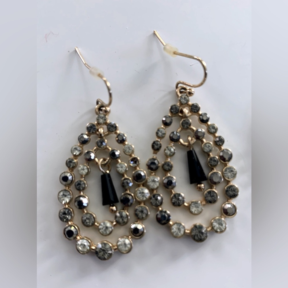 Drop Beaded Gold Toned Black Gray Earrings